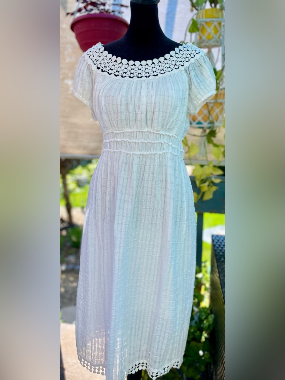 Max Studio Crochet Trim Gauzey White Cotton Empire Waist Dress Size Medium